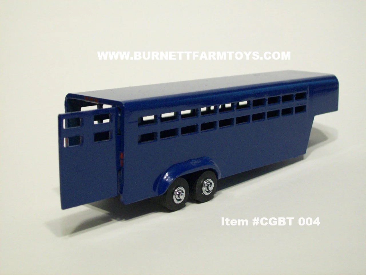 Item #CGBT 004 Blue Tandem Axle Stamped Aluminum Livestock Gooseneck Trailer with Side Swinging Rear Door - 1/64 Scale - Burnett Farm Toys, LLC Exclusive - Image 3